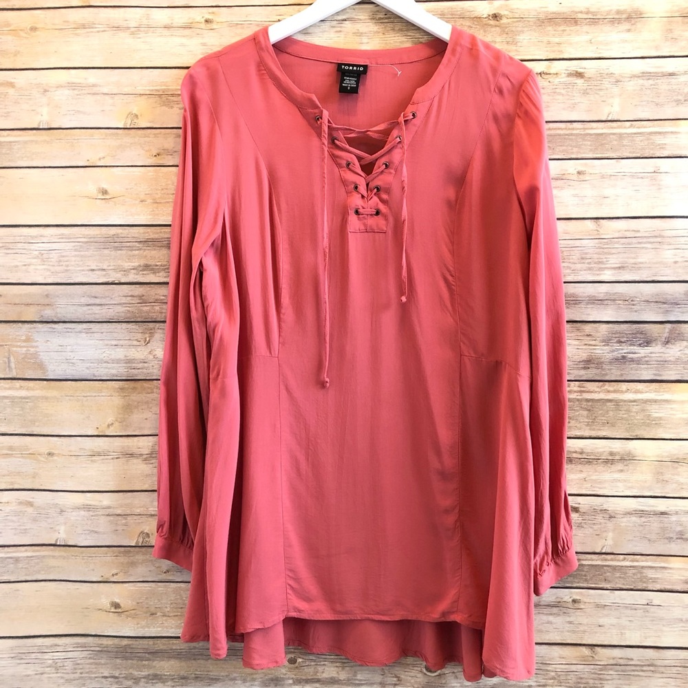 Torrid Salmon Lace Up Long Sleeve Rayon Blouse Size 0